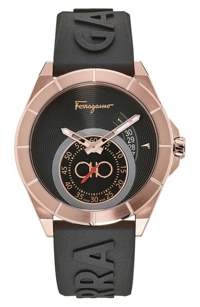 Ferragamo Urban Rose Goldtone Ip Silicone Strap Watch In Gold Ip 5n/black