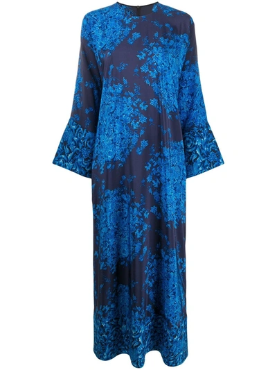 Valentino Delft Floral Print Long Sleeve Silk Caftan Maxi Dress In Blue