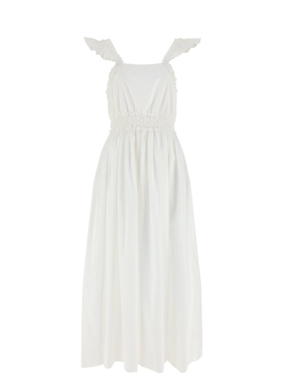 Chloé Long Sleeveless Dress In White Cotton With Ruches And Ruffles