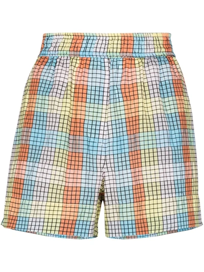 Ganni Checked Cotton-blend Seersucker Shorts In Yellow,pink,light Blue