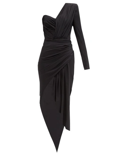Alexandre Vauthier Dipped-hem Gathered Silk-blend Jersey Dress In Black