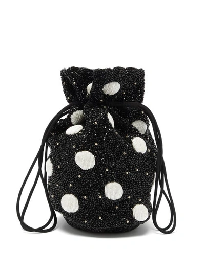 Ganni Hand-beaded Polka-dot Drawstring Pouch In Black