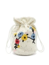 Ganni Hand-beaded Floral Drawstring Pouch In Egret