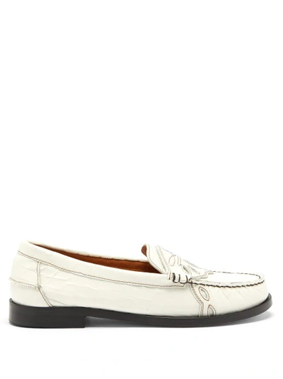Ganni Topstitched Croc-effect Leather Loafers In Egret
