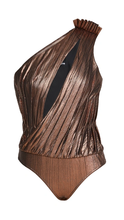 Retroféte Cassie Lamé One-shoulder Bodysuit In Brown