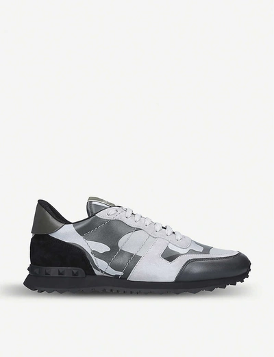 Valentino Garavani Mens Silver Rockrunner Suede And Leather Trainers In Light Grey