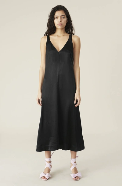 Ganni Heavy Satin Dress W/s V Neck In Black