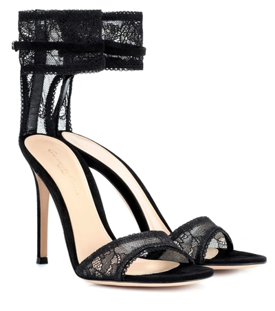 Gianvito Rossi Erin 105 Suede-trimmed Stretch-lace Sandals In Black