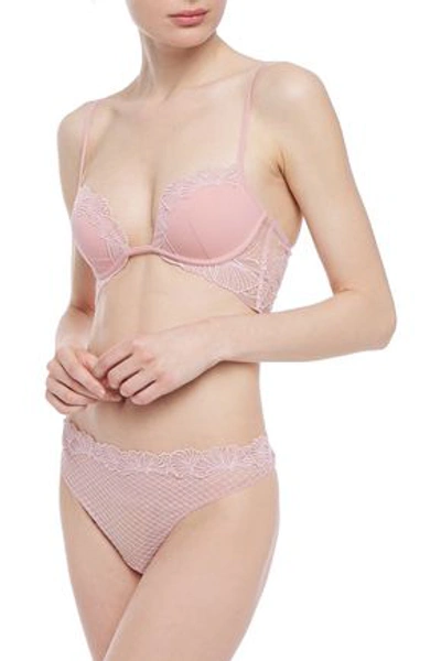 La Perla Embroidered Tulle Mid-rise Thong In Baby Pink