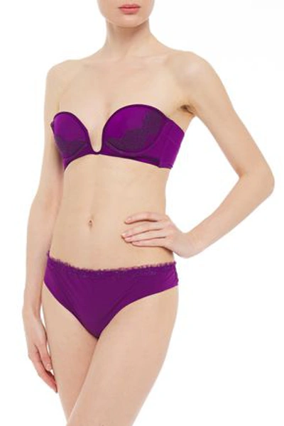 La Perla Embroidered Tulle-trimmed Stretch-jersey Mid-rise Thong In Violet