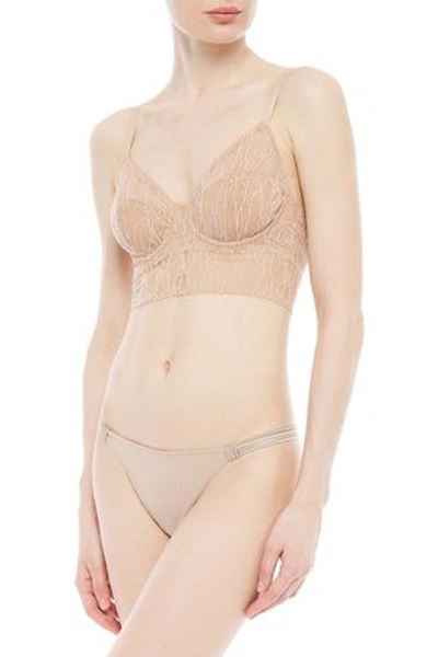 La Perla Tulle Nervures Satin-trimmed Stretch-tulle Low-rise Thong In Neutral