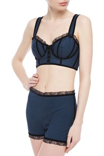 La Perla Lace And Velvet-trimmed Houndstooth Wool-blend High-rise Briefs In Storm Blue