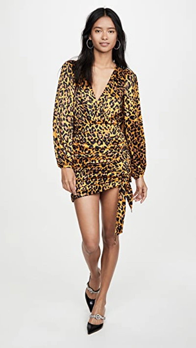 Ronny Kobo Ruched Leopard-print Silk-blend Satin-jacquard Mini Dress In Gold Mutli