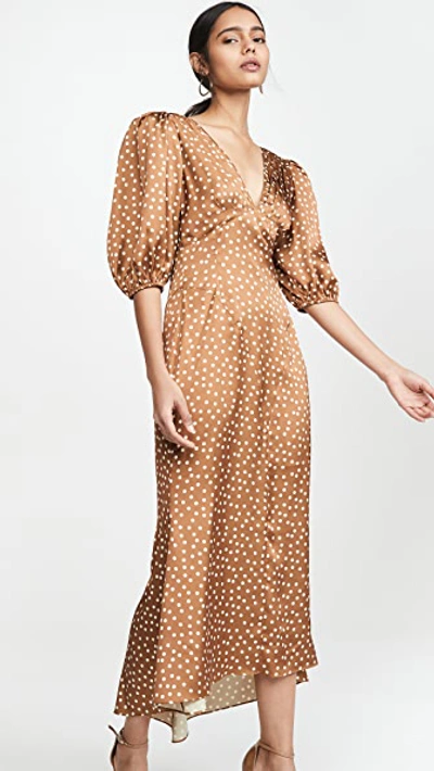 Ronny Kobo Gathered Polka-dot Satin Midi Dress In Pecan