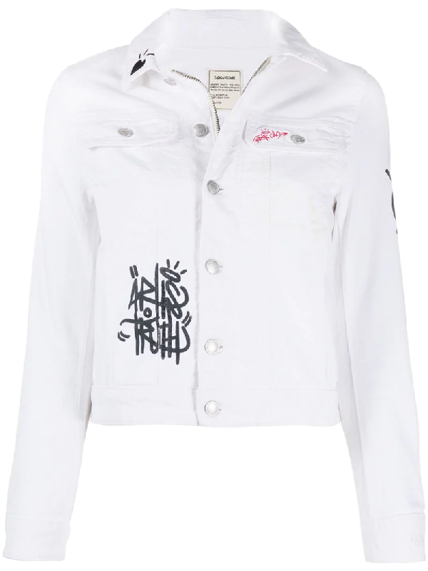 Zadig Voltaire Kioky Graffiti Print Denim Jacket In White Modesens