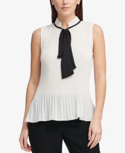 Dkny Women's Sleeveless Pleated Top With Tie Neck In White/black