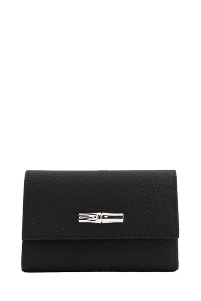 Longchamp Roseau Hammered Leather Wallet In Black