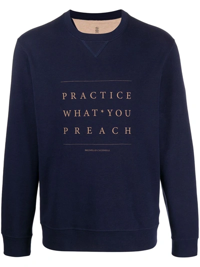 Brunello Cucinelli Crewneck Cotton Sweatshirt With Writing In Blue