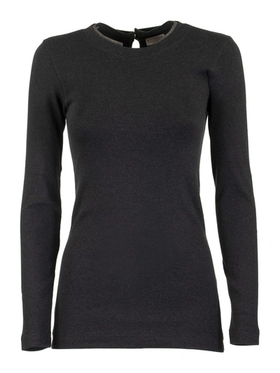 Brunello Cucinelli Ribbed Stretch Cotton Jersey T-shirt With Monili In Anthracite