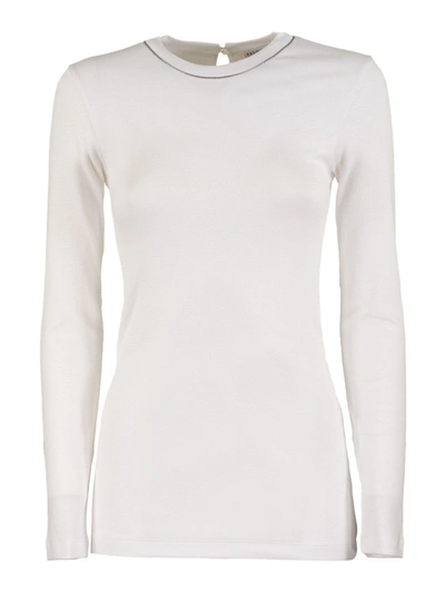 Brunello Cucinelli Ribbed Stretch Cotton Jersey T-shirt With Monili In White