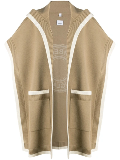 Burberry Logo Graphic Wool Cashmere Jacquard Hooded Cape In Neutrals