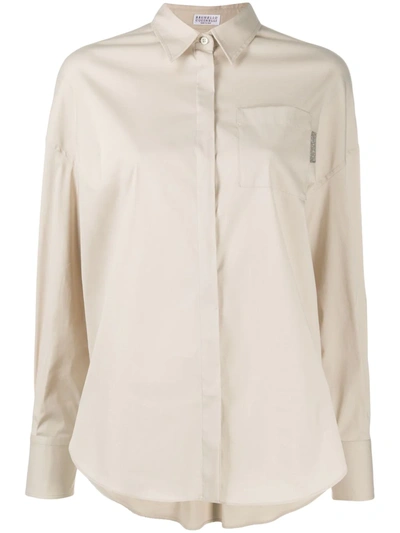 Brunello Cucinelli Brass-embellished Long-sleeved Shirt In Neutrals