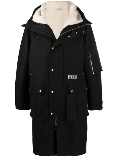 Valentino Logo Patch Cotton Blend Coat W/ Lining In Black
