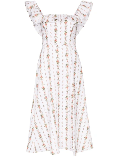 Reformation Amethyst Floral Ruffle Neck Linen Midi Dress In White