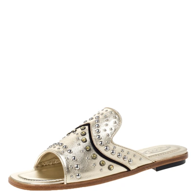 Pre-owned Tod's Metallic Gold Leather Studded Flat Slides Size 37.5