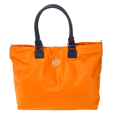 Pre-owned Tory Burch Orange/blue Nylon And Leather Tote