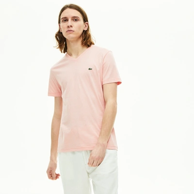 Lacoste Men's V-neck Pinstriped Cotton T-shirt In Pink,white