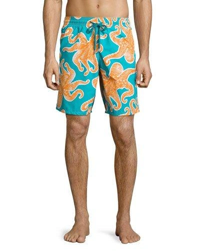 Vilebrequin Jim Octopus Printed Swim Trunks, Blue/orange, Boys'