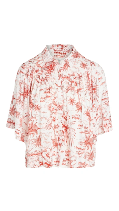 The Great The Cruise Palm Print Linen & Cotton Top In Red Palm Print