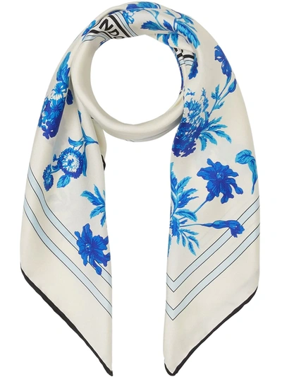 Burberry Floral And Logo Graphic Silk Square Scarf In Pale Blue