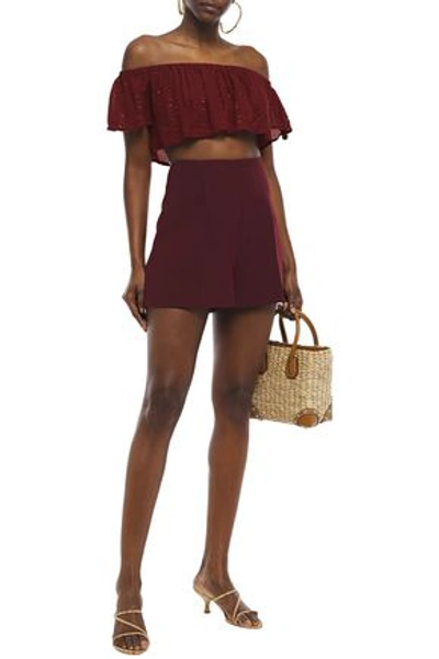 Sundress Jade Cropped Off-the-shoulder Sequin-embellished Gauze Top In Burgundy