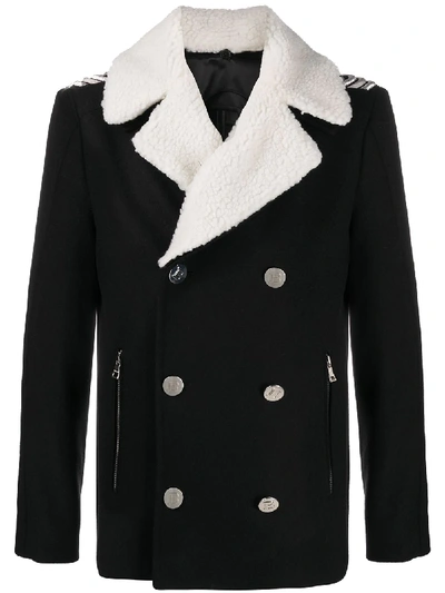 Balmain Hairy Wool Peacoat W/embroiderd Shoulder In Black