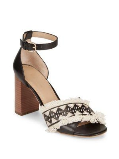 Pour La Victoire Fringed Stacked Block Leather Sandals In Black