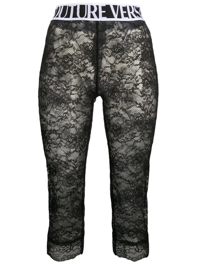 Versace Jeans Couture Cropped Logo-print Lace Leggings In Black