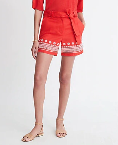 Ann Taylor The Petite Embroidered Belted Short In Red Carnation