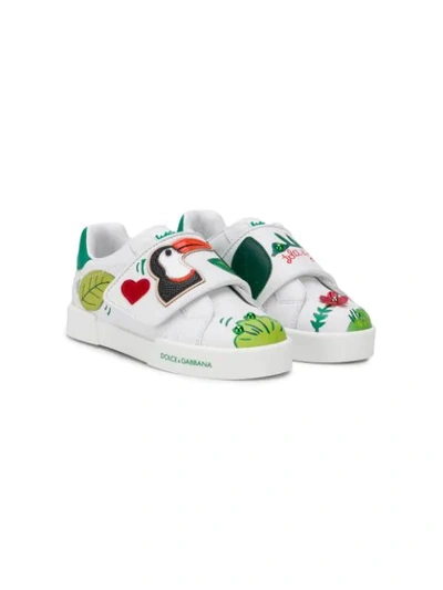 Dolce & Gabbana Kids' Portofino Light Sneakers In Nappa Leather With Jungle Print In White