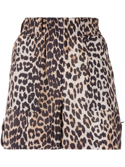 Ganni Leopard Print High-waisted Shorts In Brown