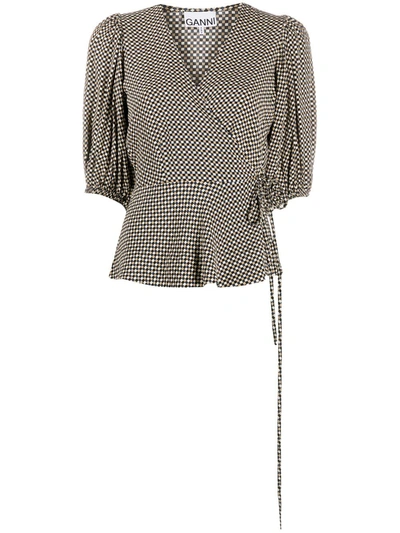 Ganni Checkered V-neck Wrap Blouse In Tannin