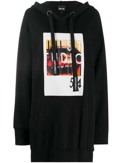 Just Cavalli Cotton Graphic Print Long-line Hoodie In Black