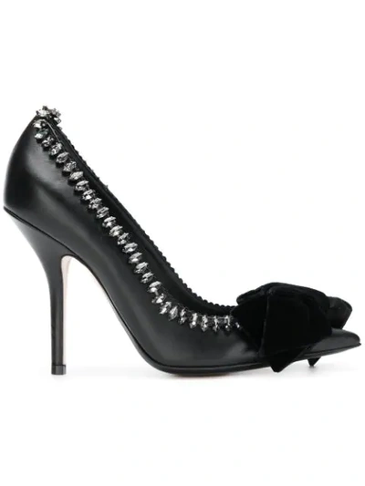 N°21 Bow And Crystal-embellished Leather Pumps In Black