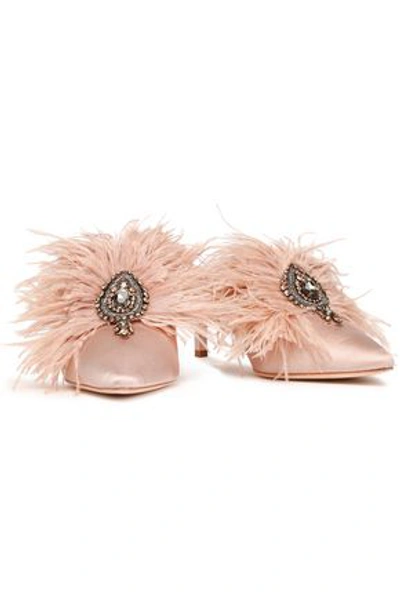 Tory Burch Embellished Feather-trimmed Satin Mules In Pastel Pink