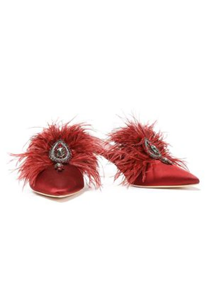 Tory Burch Embellished Feather-trimmed Satin Mules In Brick