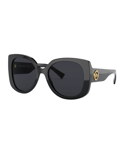 Versace Rectangle Acetate Sunglasses W/ Medusa Temples In Dark Grey