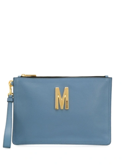 Moschino M Logo-plaque Clutch Bag In Blue