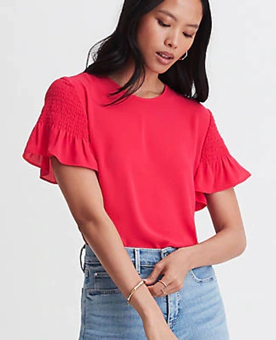 Ann Taylor Petite Smocked Ruffle Sleeve Tee In Exotic Pink