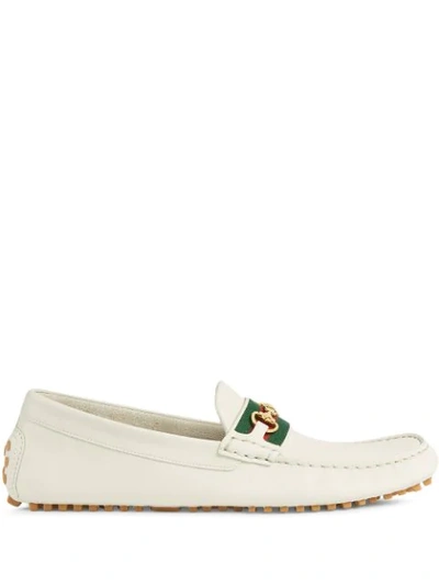 Gucci Web Strap Driving Shoes In White Leather